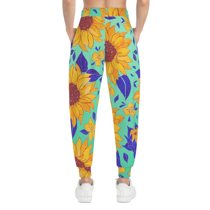 Teal Sunflower Print Athletic Joggers (AOP)