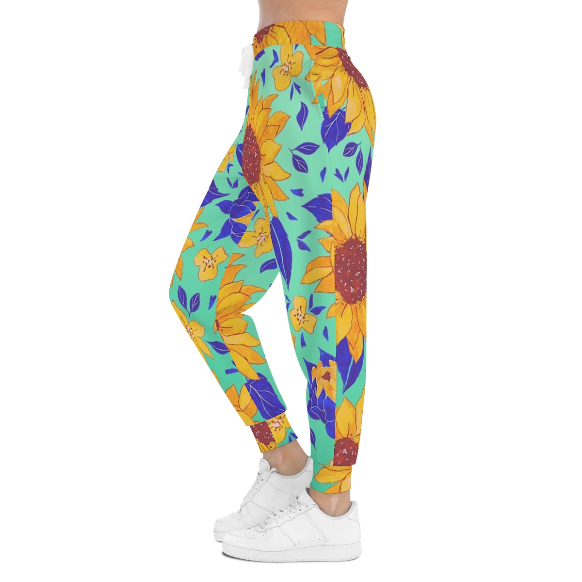 Teal Sunflower Print Athletic Joggers (AOP)