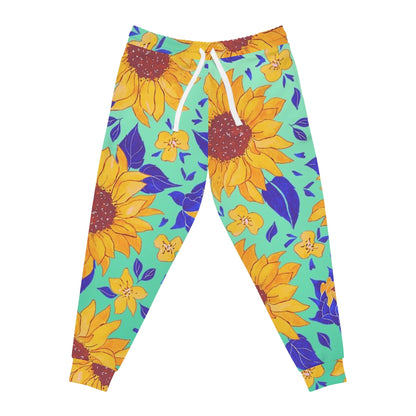 Teal Sunflower Print Athletic Joggers (AOP)