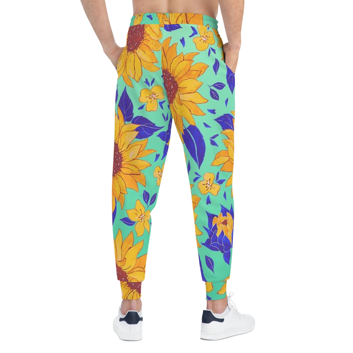 Teal Sunflower Print Athletic Joggers (AOP)