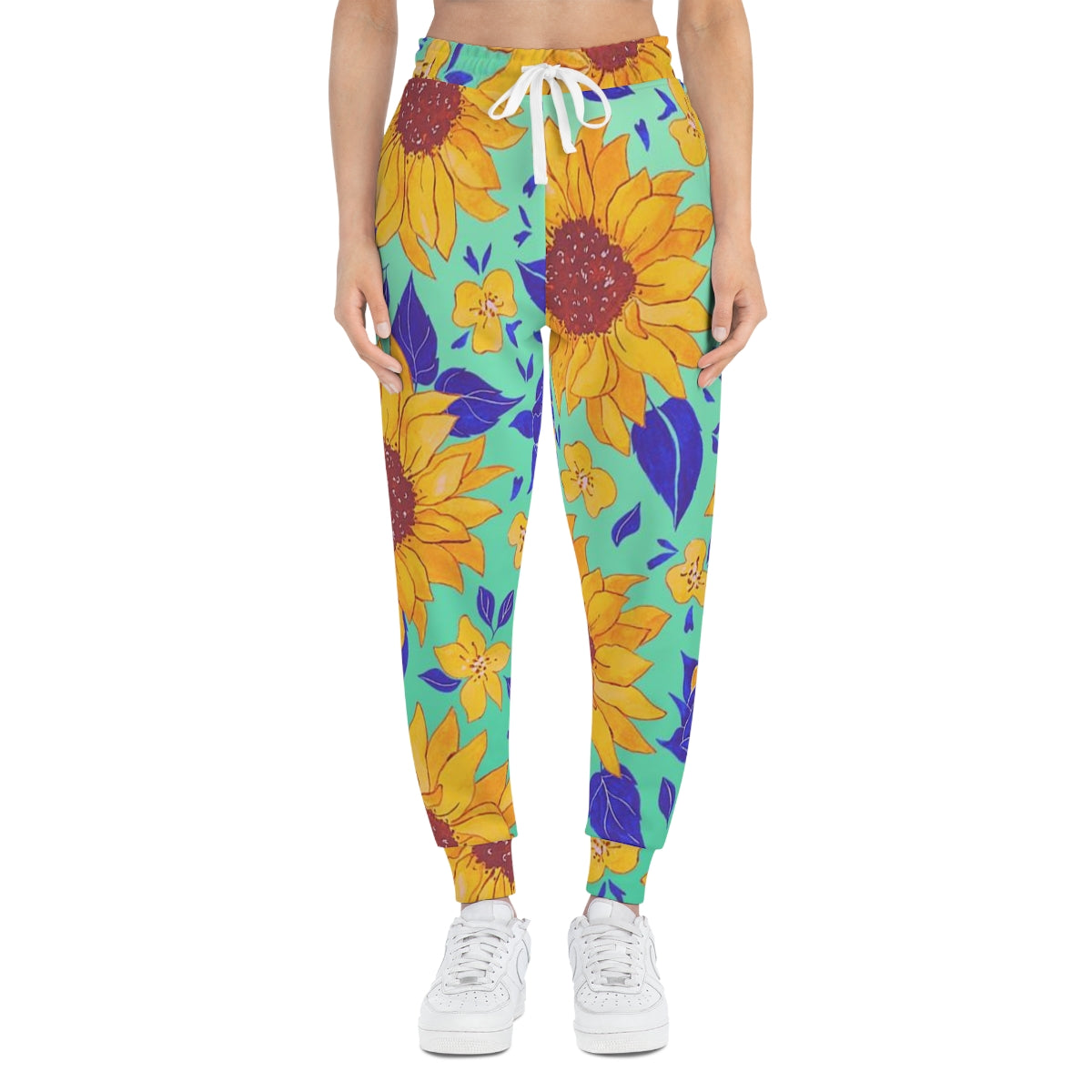 Teal Sunflower Print Athletic Joggers (AOP)