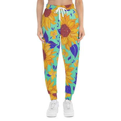 Teal Sunflower Print Athletic Joggers (AOP)