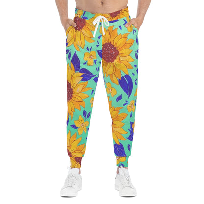 Teal Sunflower Print Athletic Joggers (AOP)