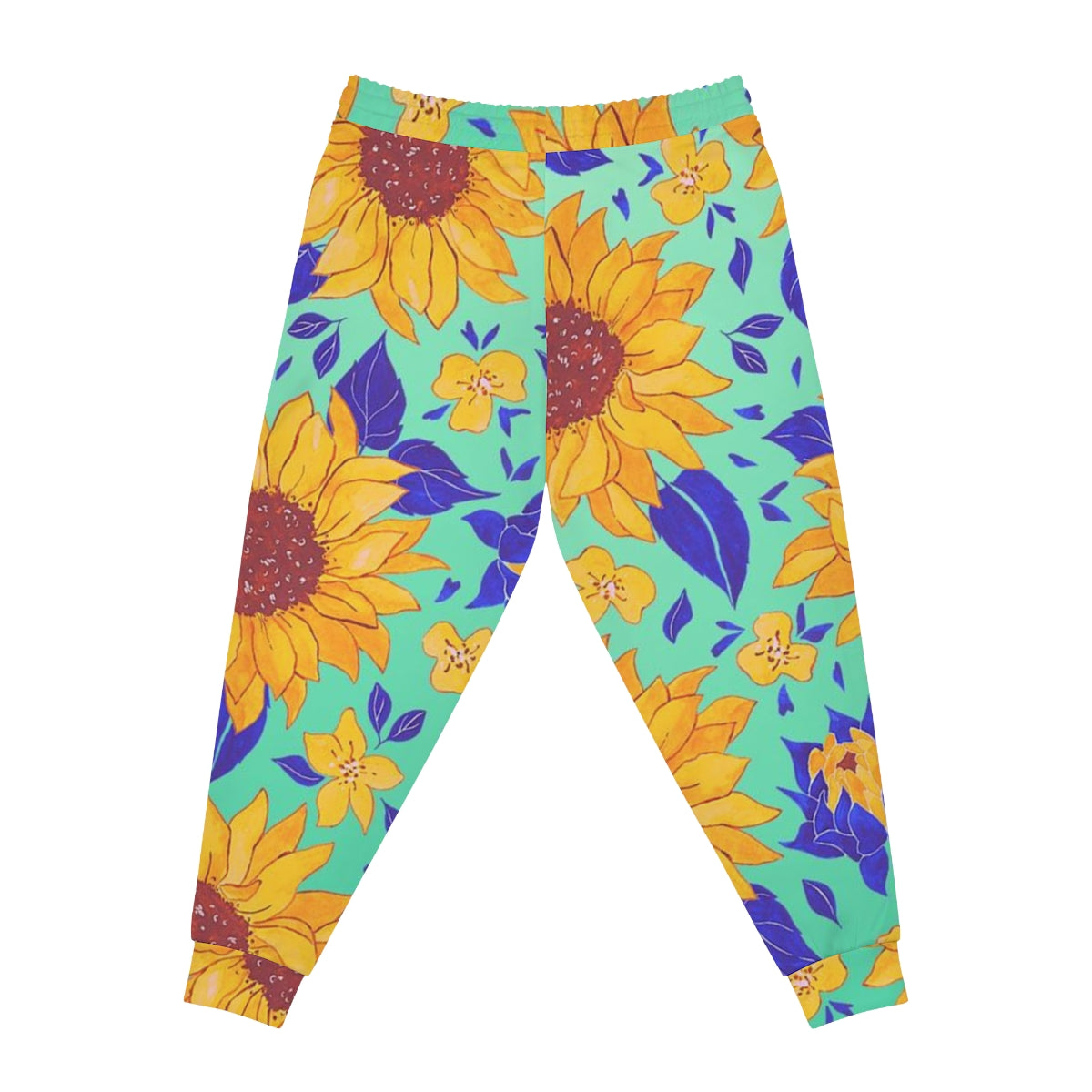 Teal Sunflower Print Athletic Joggers (AOP)